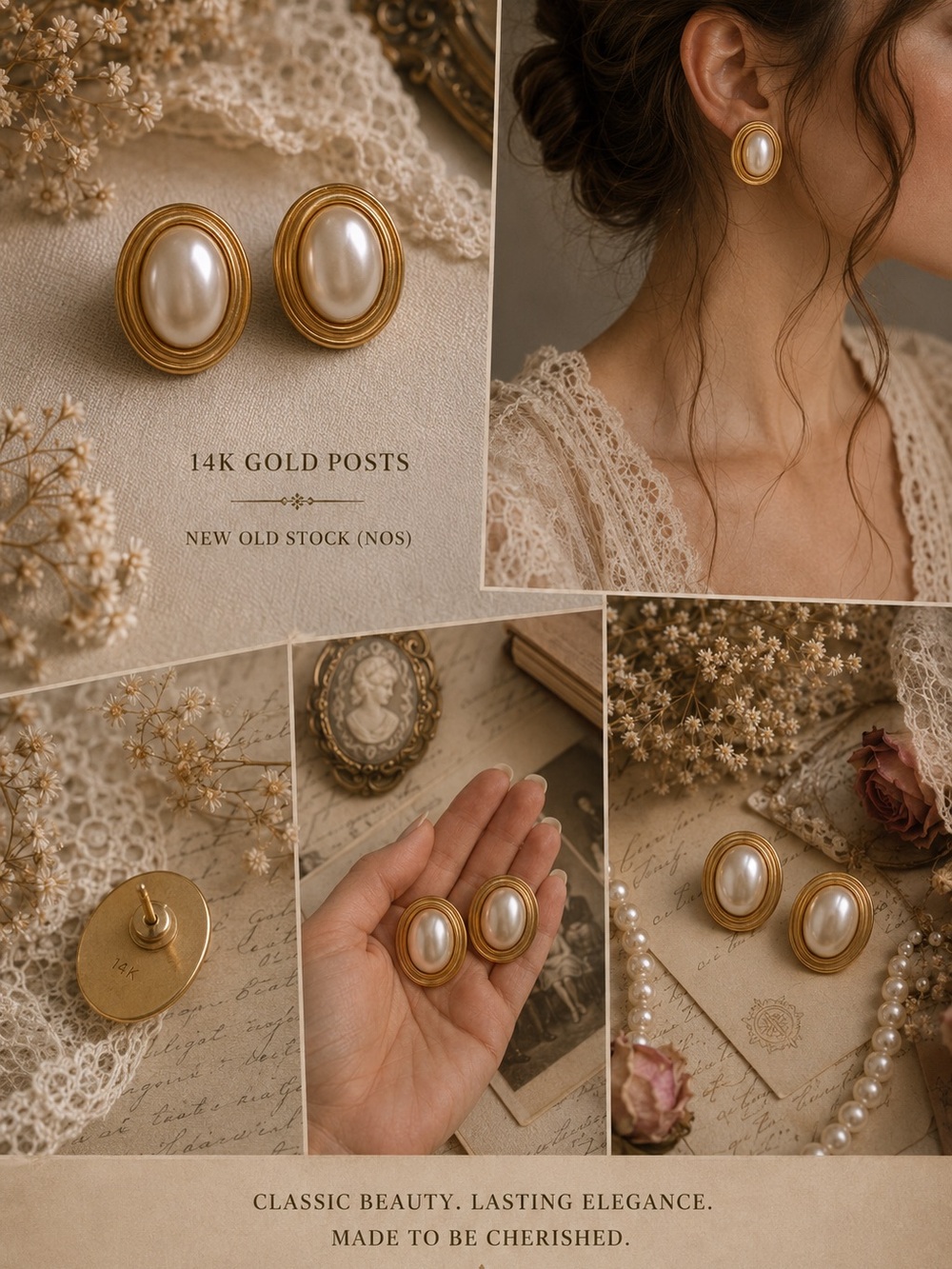 Vintage Monet 14K Gold Post Pearl Cabochon Oval Pierced Earrings NWT